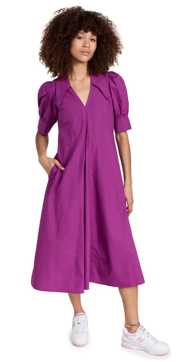 GANNI Cotton Poplin V Neck Dress Purple Wine