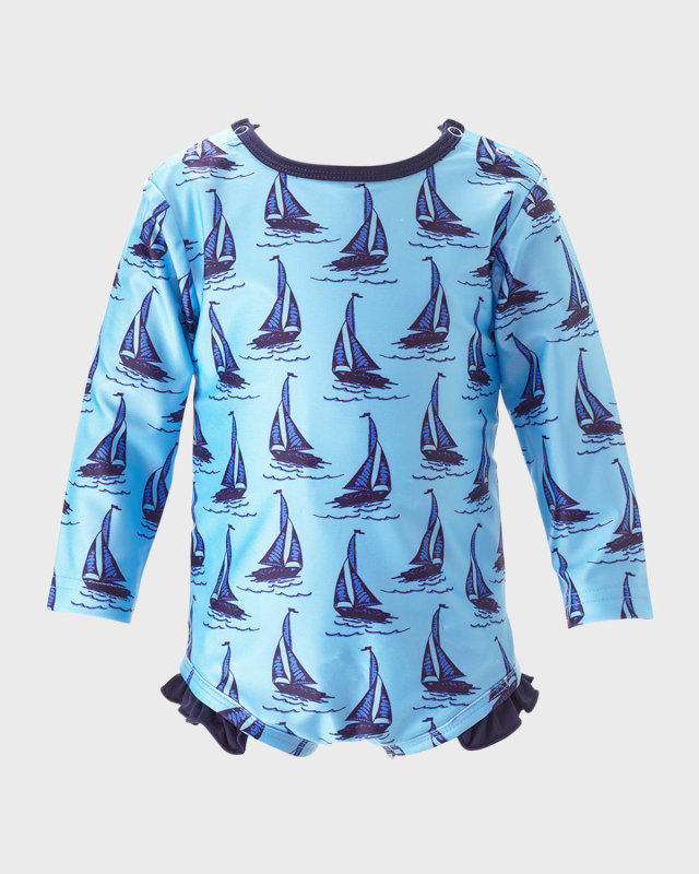 Girl's Sailboat Frill Rash Guard Swimsuit, Size 6M-24