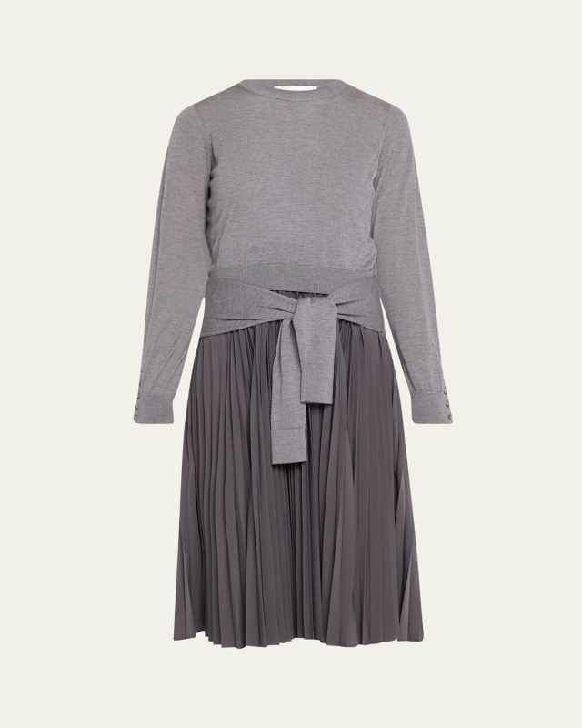 Long-Sleeve Tie-Waist Dress with Pleated Skirt