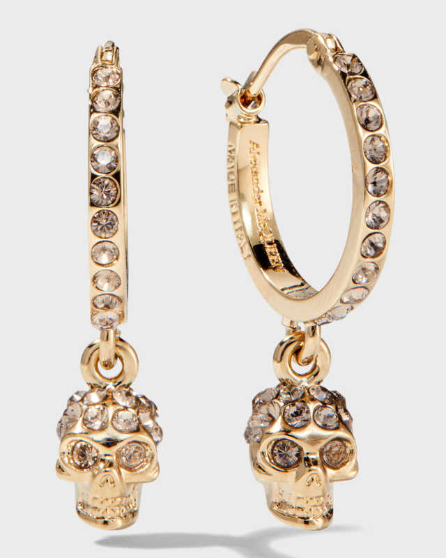 Pave Skull Hoop Drop Earrings, Gold