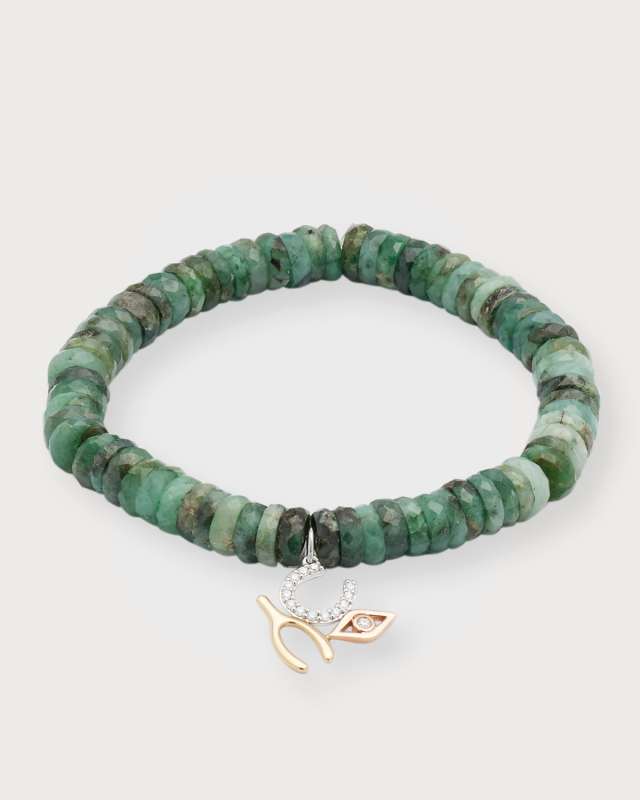 7mm Shade Emerald Faceted Bead Bracelet with Diamond Luck and Protection Charm