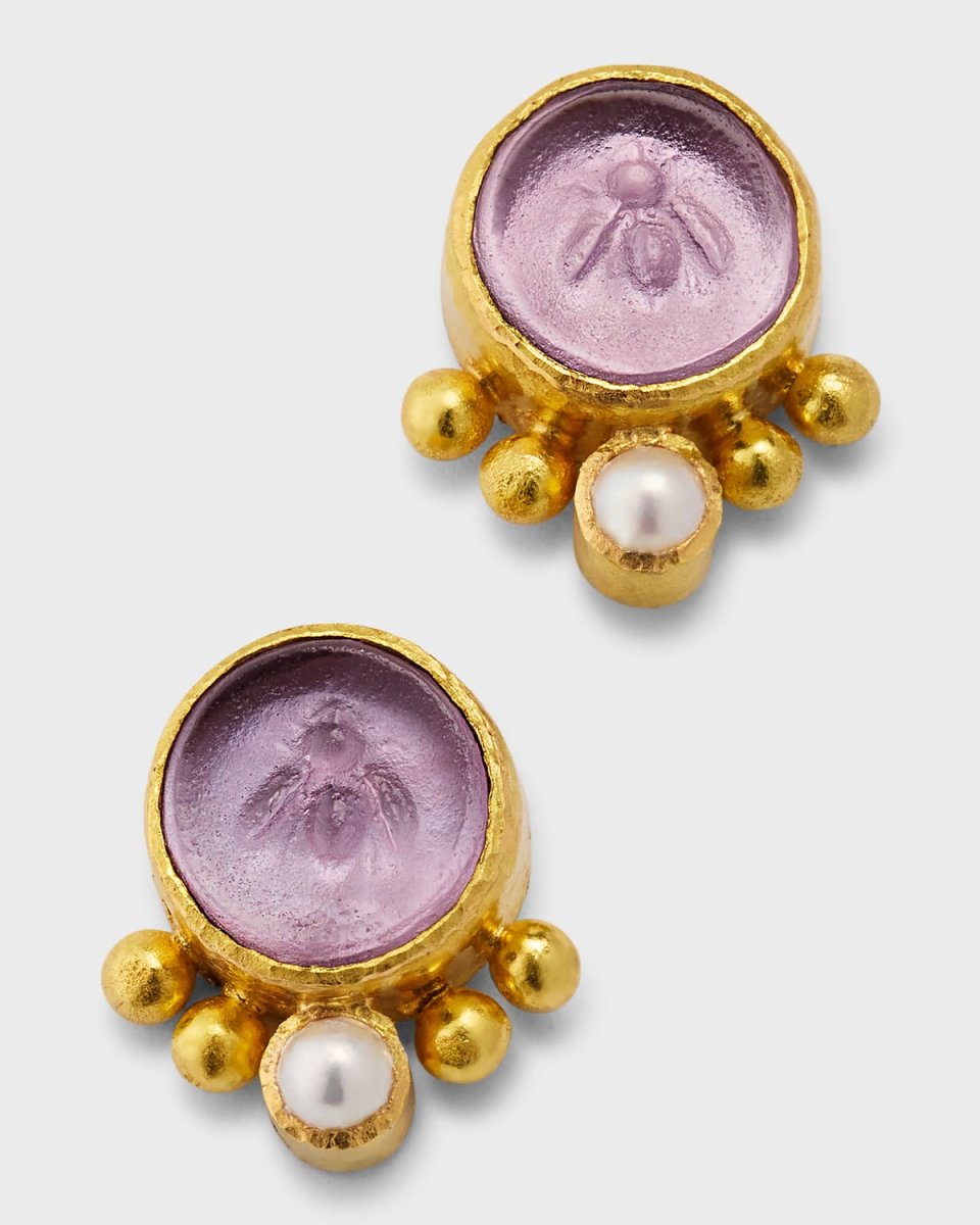 19K Round Tiny Bee Earrings with 3mm Pearls, Mulberry