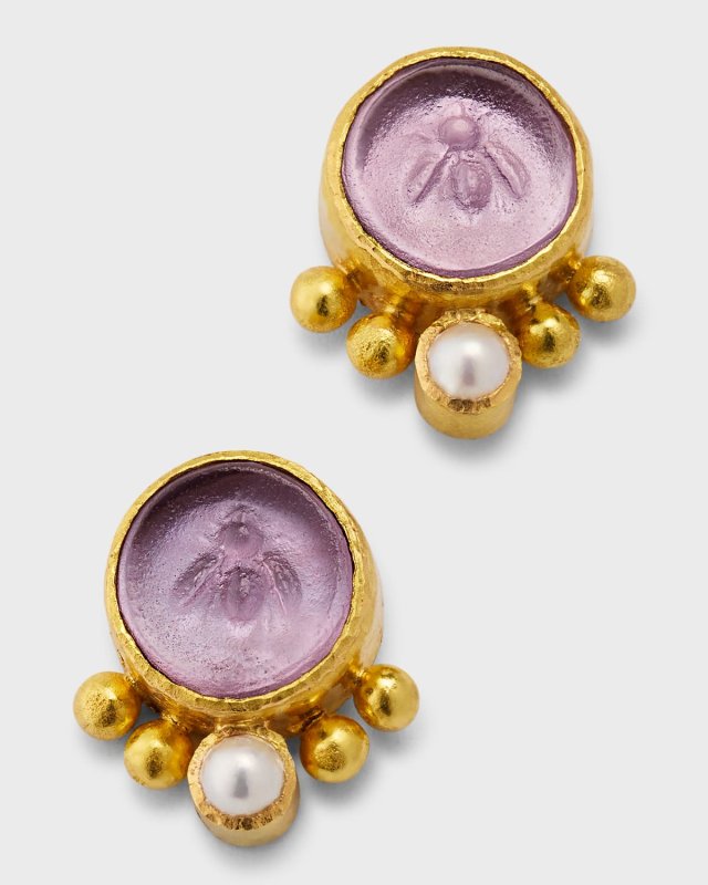 19K Round Tiny Bee Earrings with 3mm Pearls, Mulberry