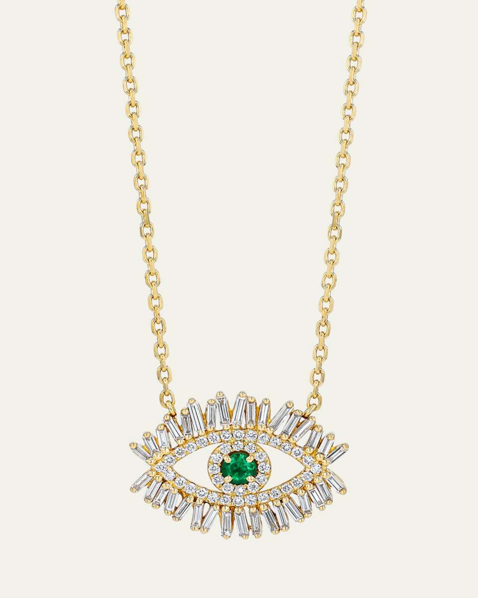 18K Yellow Gold Evil Eye Diamond and Emerald Necklace