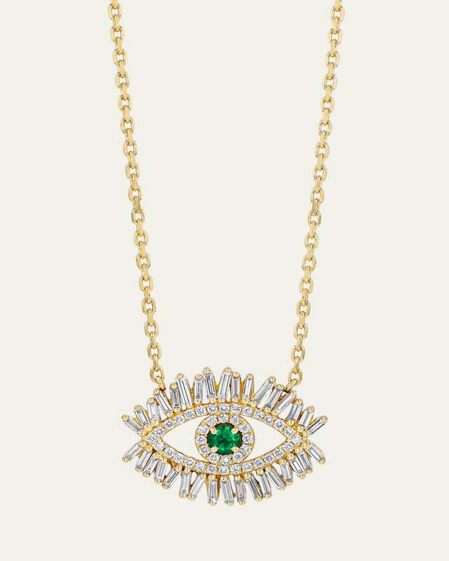 18K Yellow Gold Evil Eye Diamond and Emerald Necklace