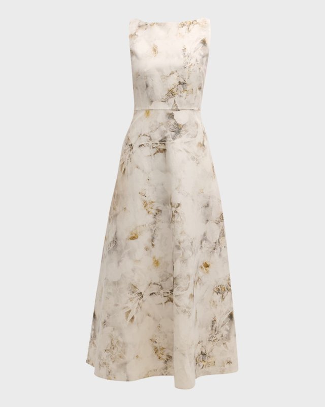 Sleeveless Leaf-Print Silk-Linen Midi Dress