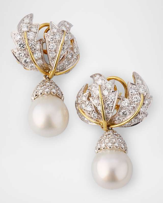 Estate Platinum and 18K Diamond Leaf Earrings with Pearls