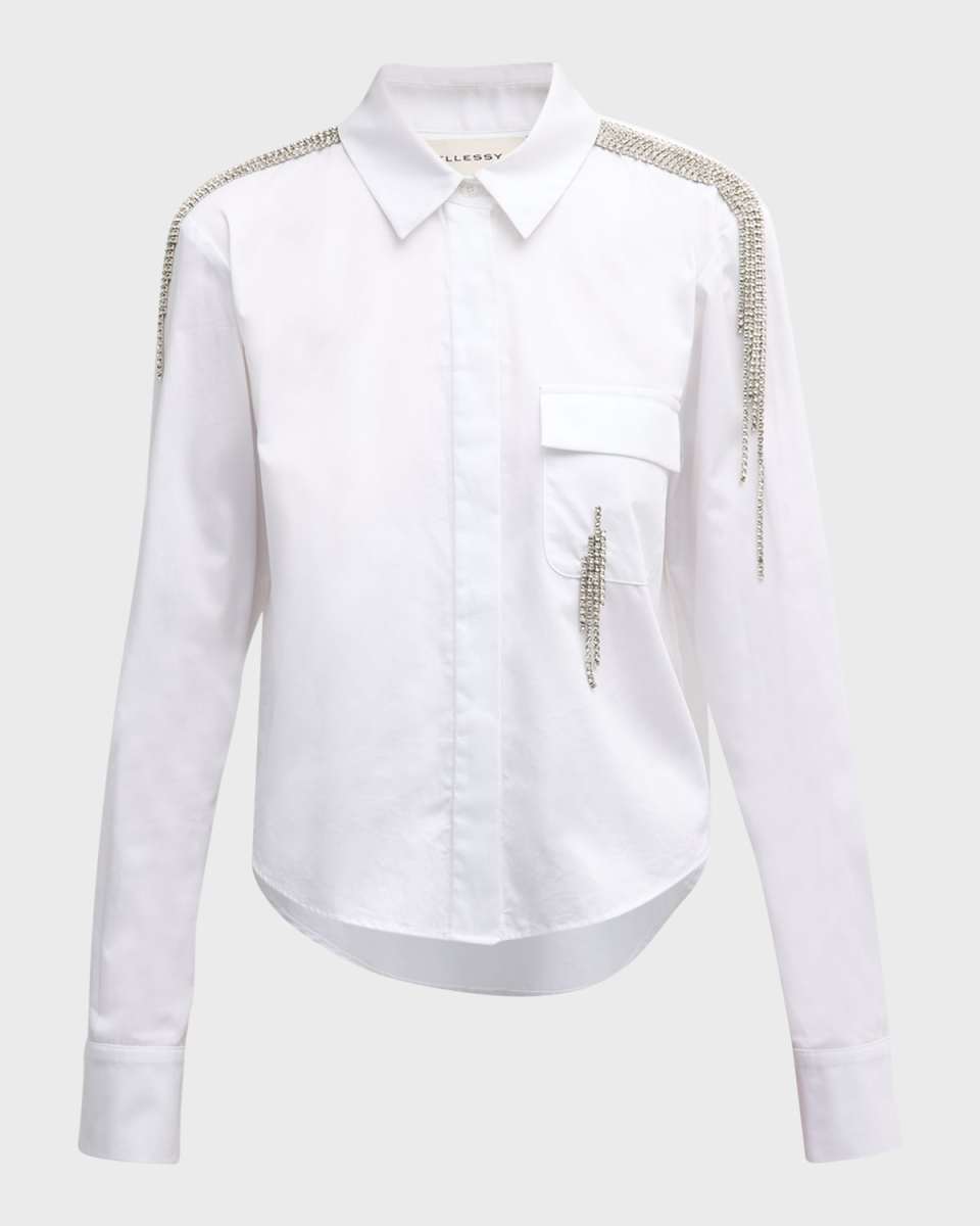 Anton Crystal Fringe High-Low Poplin Collared Shirt