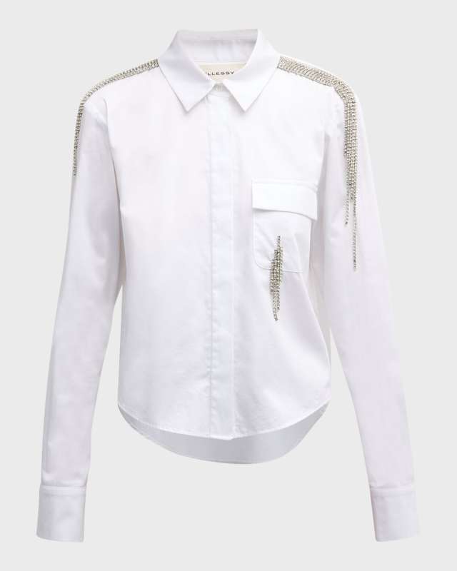 Anton Crystal Fringe High-Low Poplin Collared Shirt