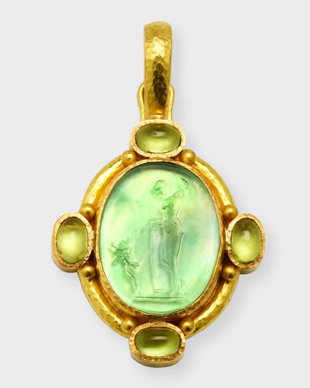 19K Venetian Glass Intaglio Diana and Cupid Pendant in Narrow Godron Bezel