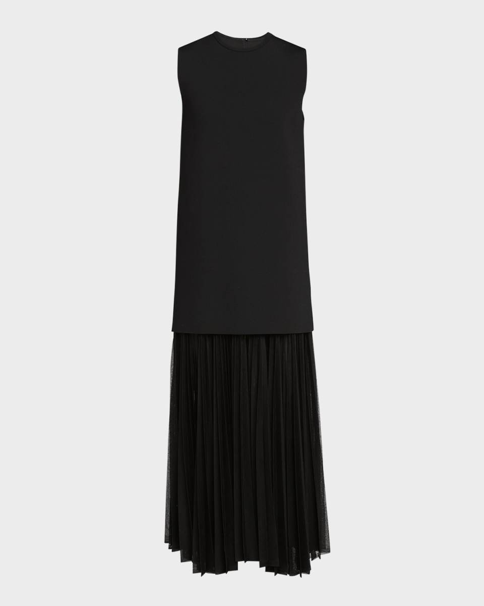 Pleated Sheer-Skirt Sleeveless Maxi Dress