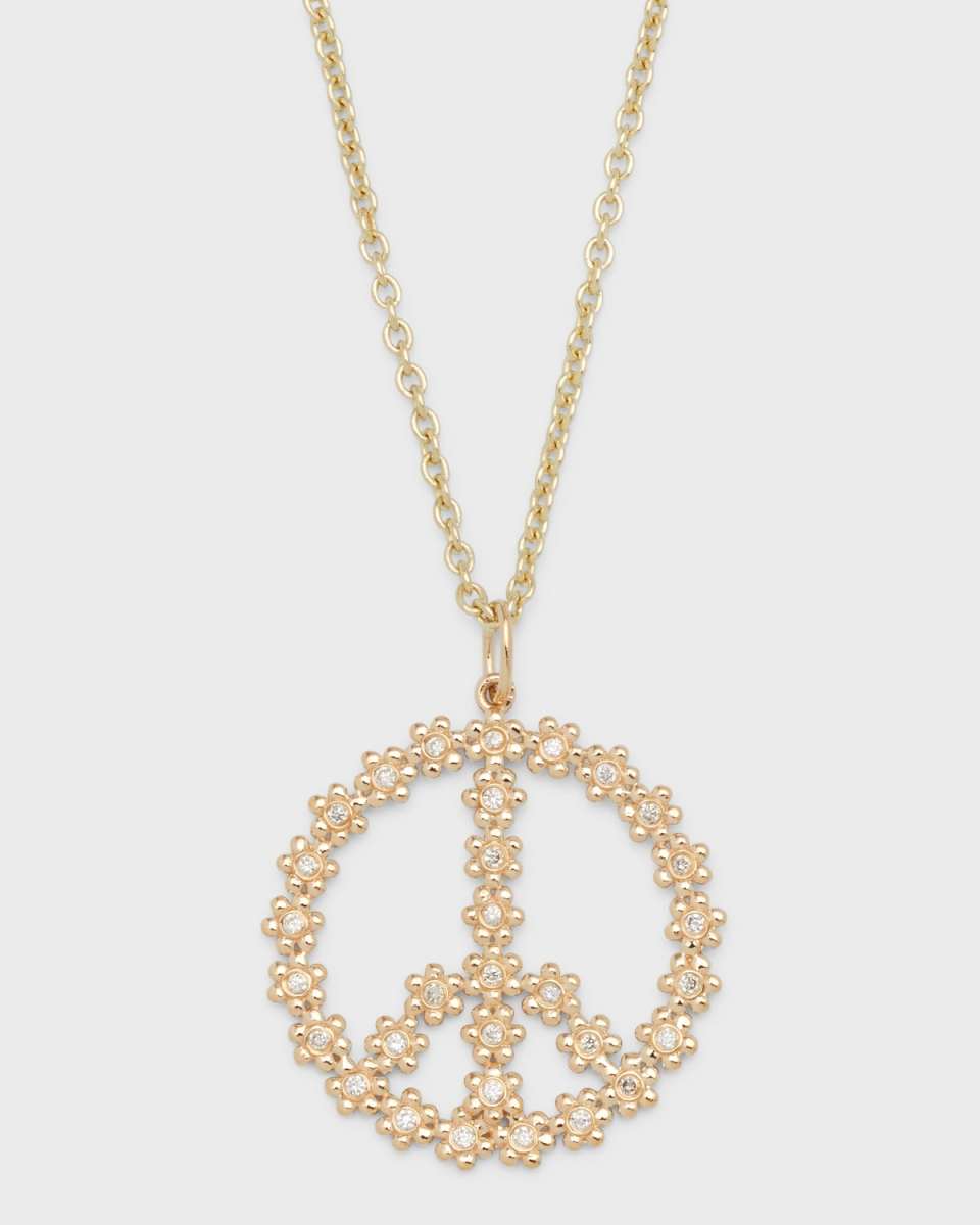 14k Gold Daisy Peace Sign Diamond Pendant Necklace