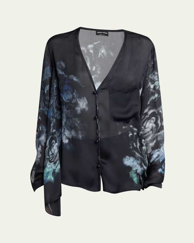 Sheer Floral Print Silk Blouse