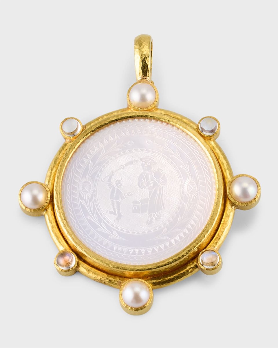 18th Century 35mm Gambling Counter Pendant with Pearls and Moonstone