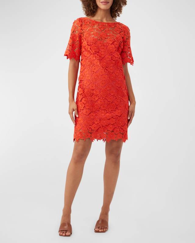 Sun Bateau-Neck Floral Lace Midi Dress