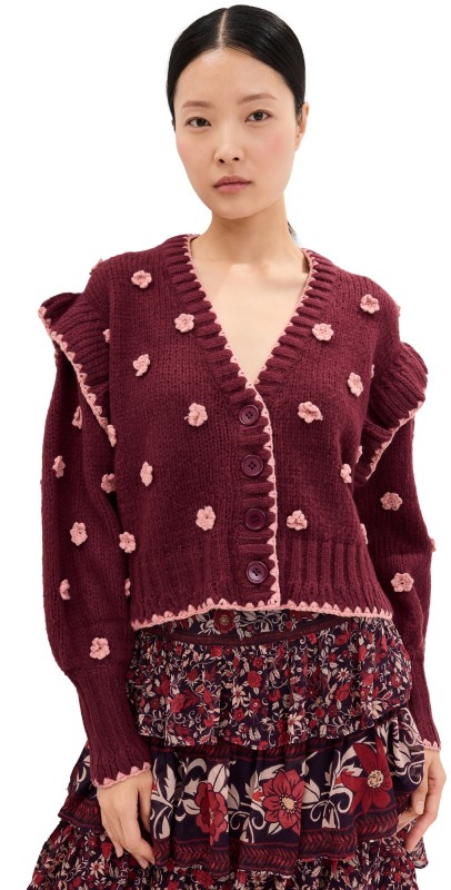FARM Rio Burgundy Crochet Flowers Knit Cardigan Burgundy