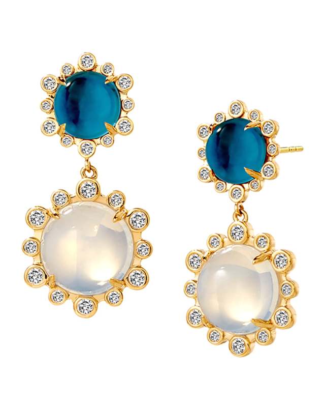 18K Yellow Gold Mogul Stone and Moon Quartz Earrings