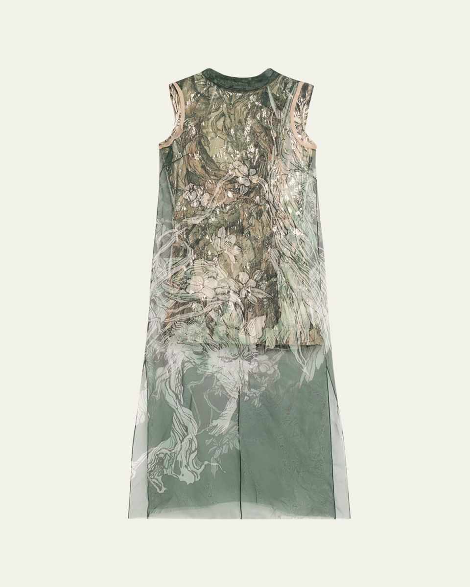 Printed Organza Sleeveless Midi Dress With Crinkle Foil Lining