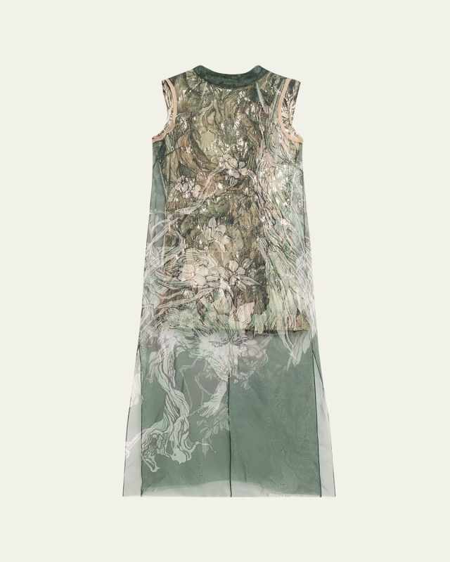 Printed Organza Sleeveless Midi Dress With Crinkle Foil Lining