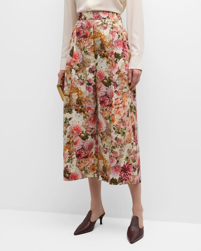 Floral-Print Poplin Pleated Wide-Leg Ankle Pants