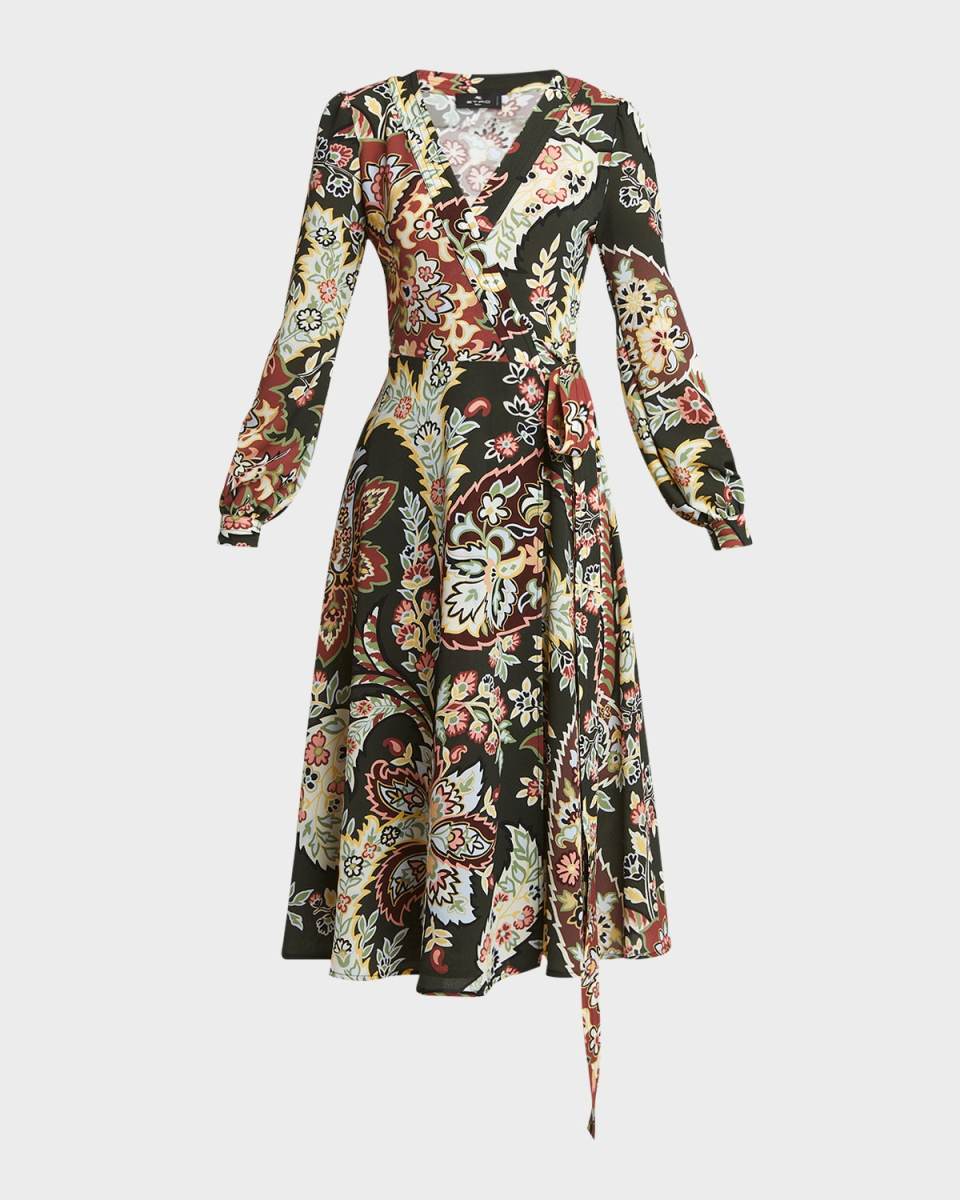 Blossom-Print Long-Sleeve Midi Wrap Dress