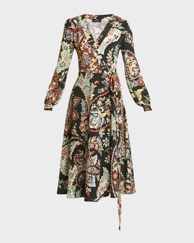 Blossom-Print Long-Sleeve Midi Wrap Dress