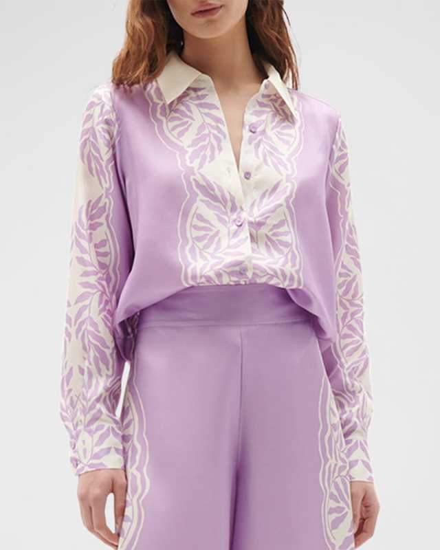 Prudence Border-Print Button-Down Silk Top