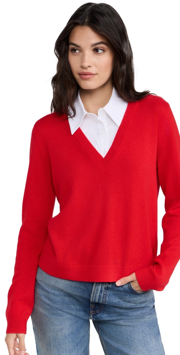 alice + olivia Denby Woven Collar Pullover Bright Ruby/White