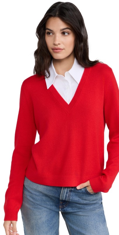 alice + olivia Denby Woven Collar Pullover Bright Ruby/White