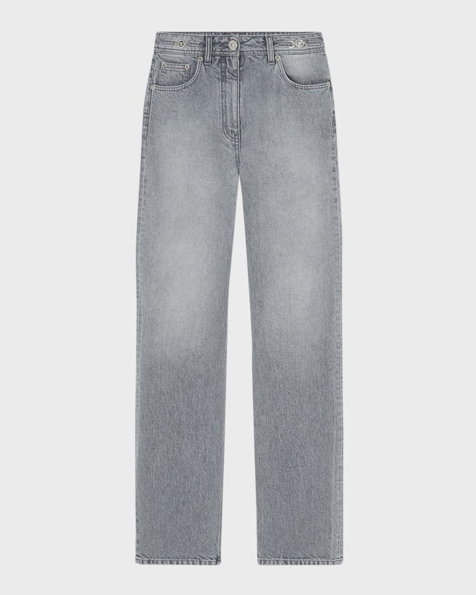 Mid-Rise Straight-Leg Stone Wash Raw-Cut Denim Pants
