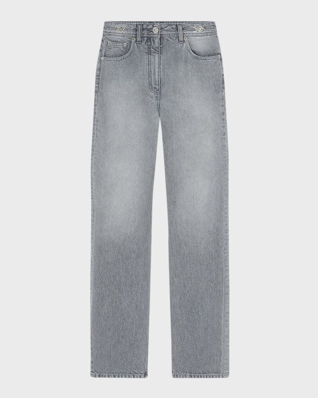 Mid-Rise Straight-Leg Stone Wash Raw-Cut Denim Pants