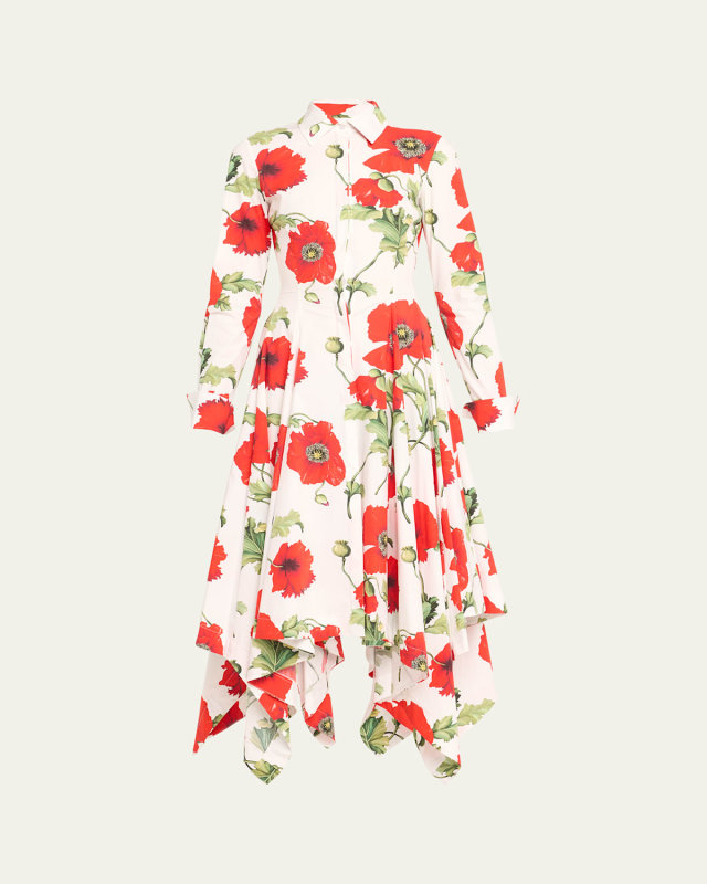 Asymmetric Poppies Print Shirtdress