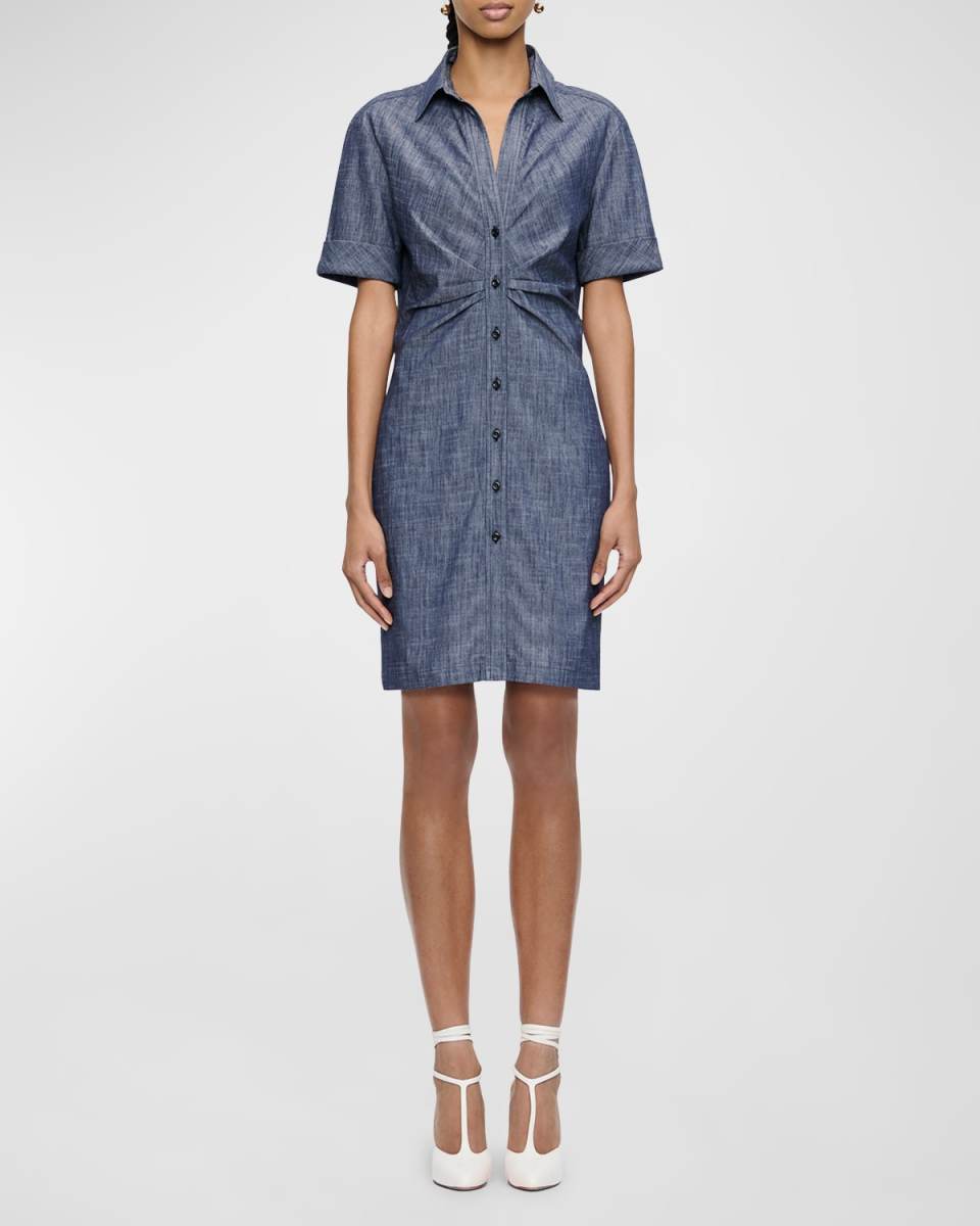 Ondine Ruched Stretch Denim Shirtdress