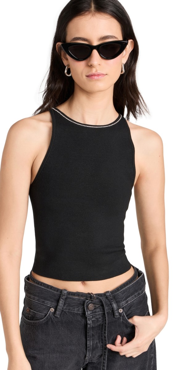 alice + olivia Val Crystal Fringe Cutout Tank Black