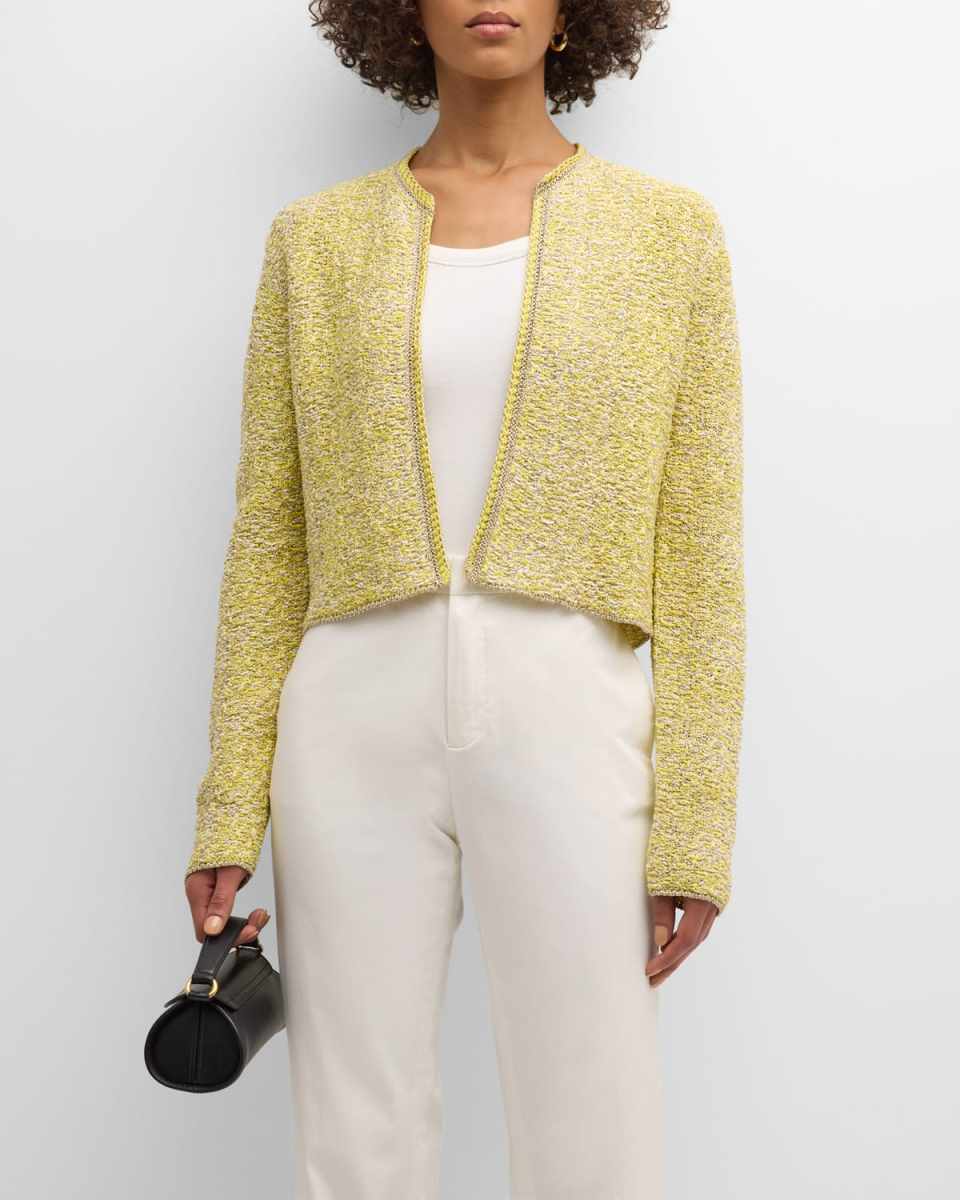 Cropped Open-Front Metallic Tweed Cardigan