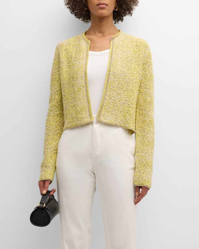 Cropped Open-Front Metallic Tweed Cardigan