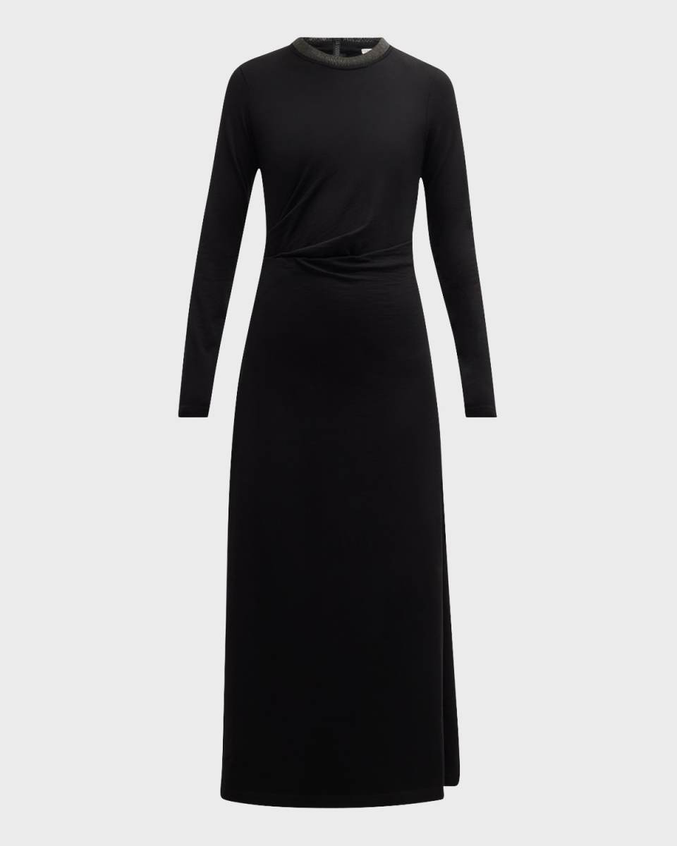 Monili-Collar Long-Sleeve Draped Jersey Maxi Dress