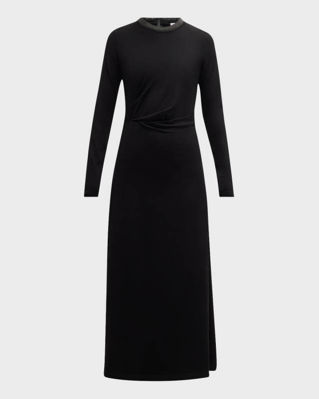 Monili-Collar Long-Sleeve Draped Jersey Maxi Dress