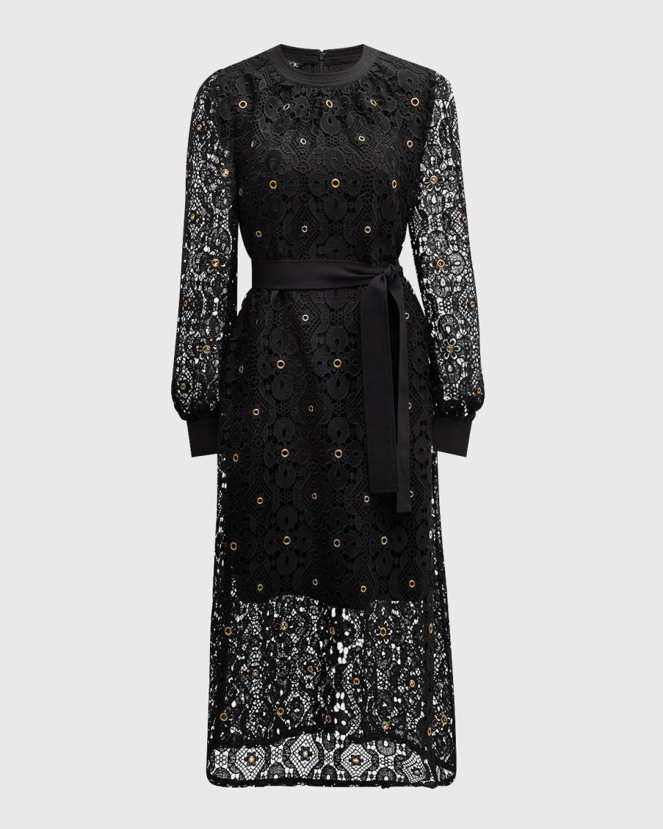 Grommet-Embellished Lace Midi Dress