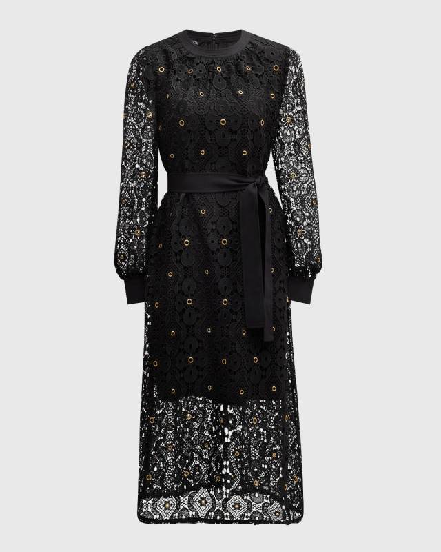 Grommet-Embellished Lace Midi Dress