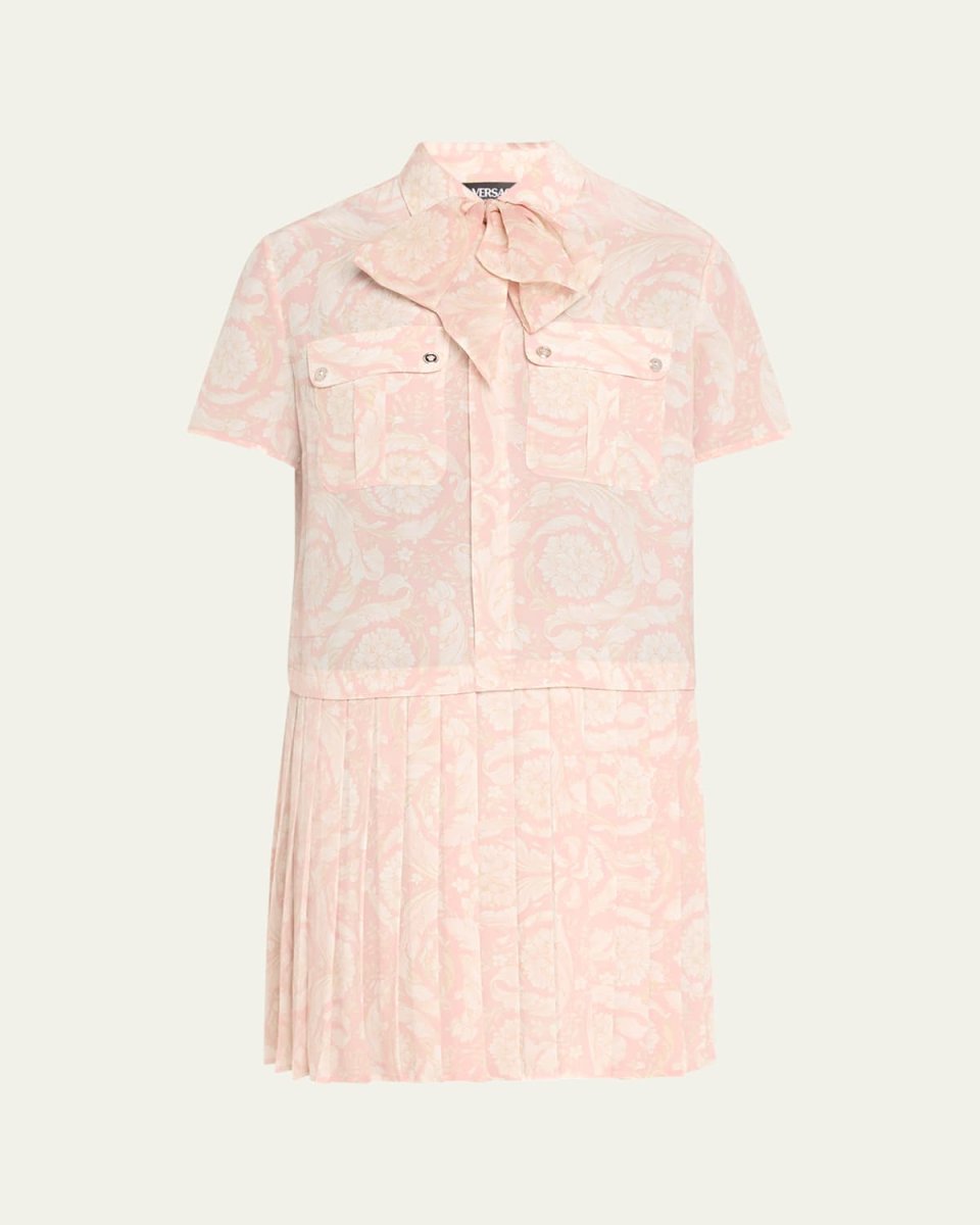 Barocco Print Crepe De Chine Pleated Scarf-Neck Dress