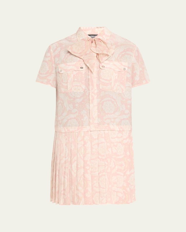 Barocco Print Crepe De Chine Pleated Scarf-Neck Dress