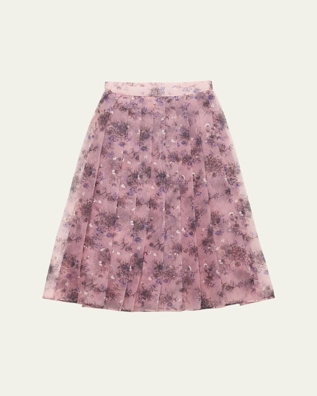 Nylonette Floral Print Pleated Midi Skirt