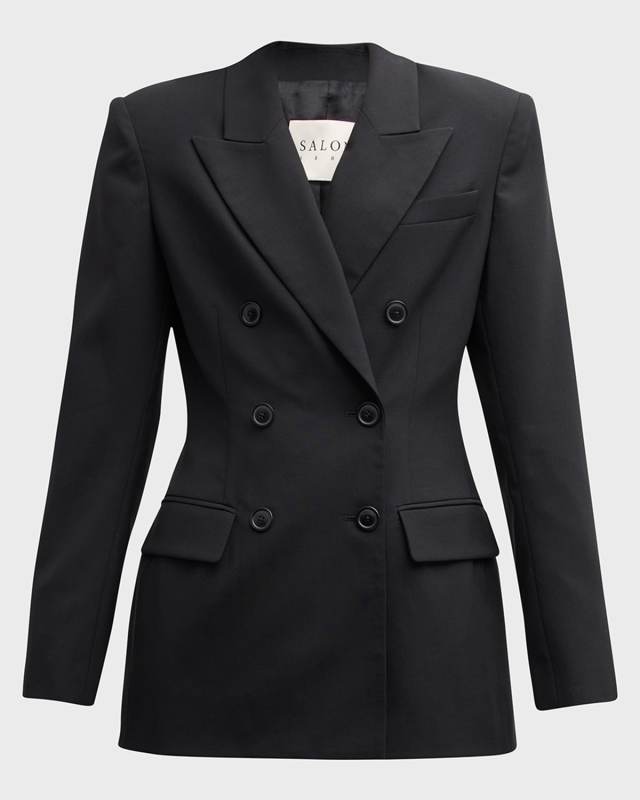 Emin Strong-Shoulder Double-Breasted Blazer Jacket