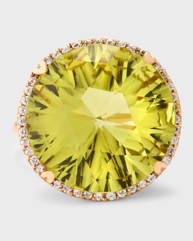 Rocks 18K Rose Gold Lemon Quartz and Diamond Halo Cocktail Ring, Size 6