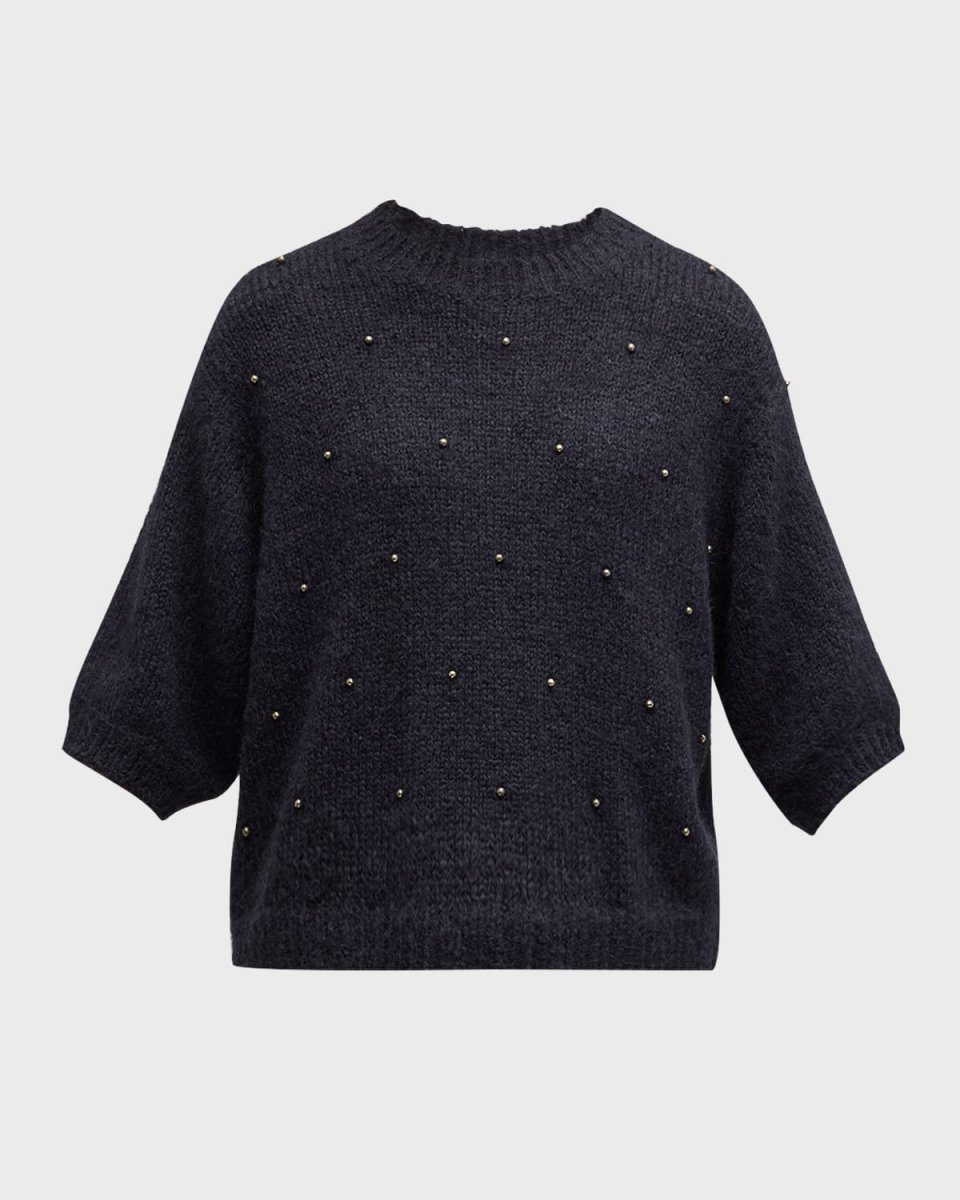 Studded Short-Sleeve Alpaca Wool Mock-Neck Sweat