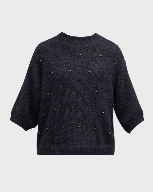 Studded Short-Sleeve Alpaca Wool Mock-Neck Sweat