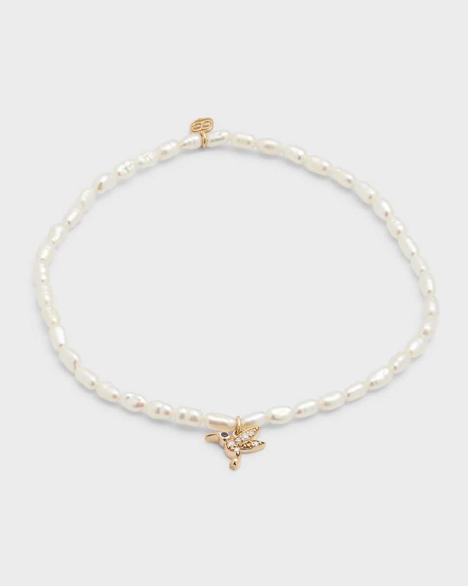 14K Tiny Hummingbird Charm on White Rice Pearl Bracelet