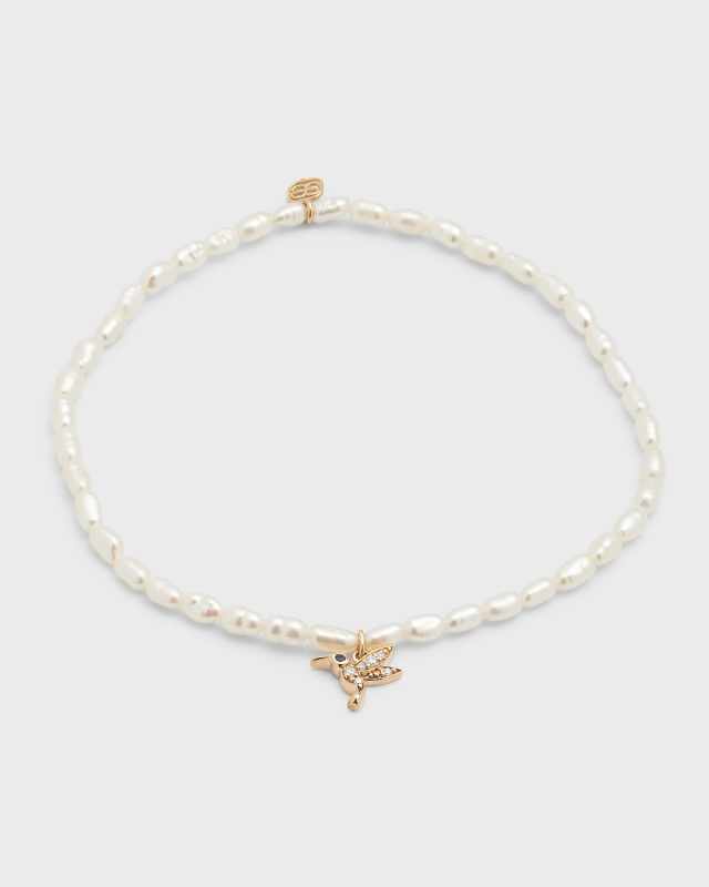 14K Tiny Hummingbird Charm on White Rice Pearl Bracelet