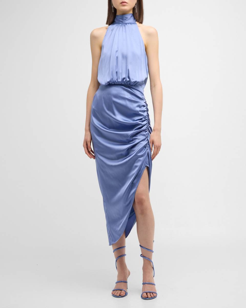 Gabriela Silk High-Neck Ruched Midi Dress